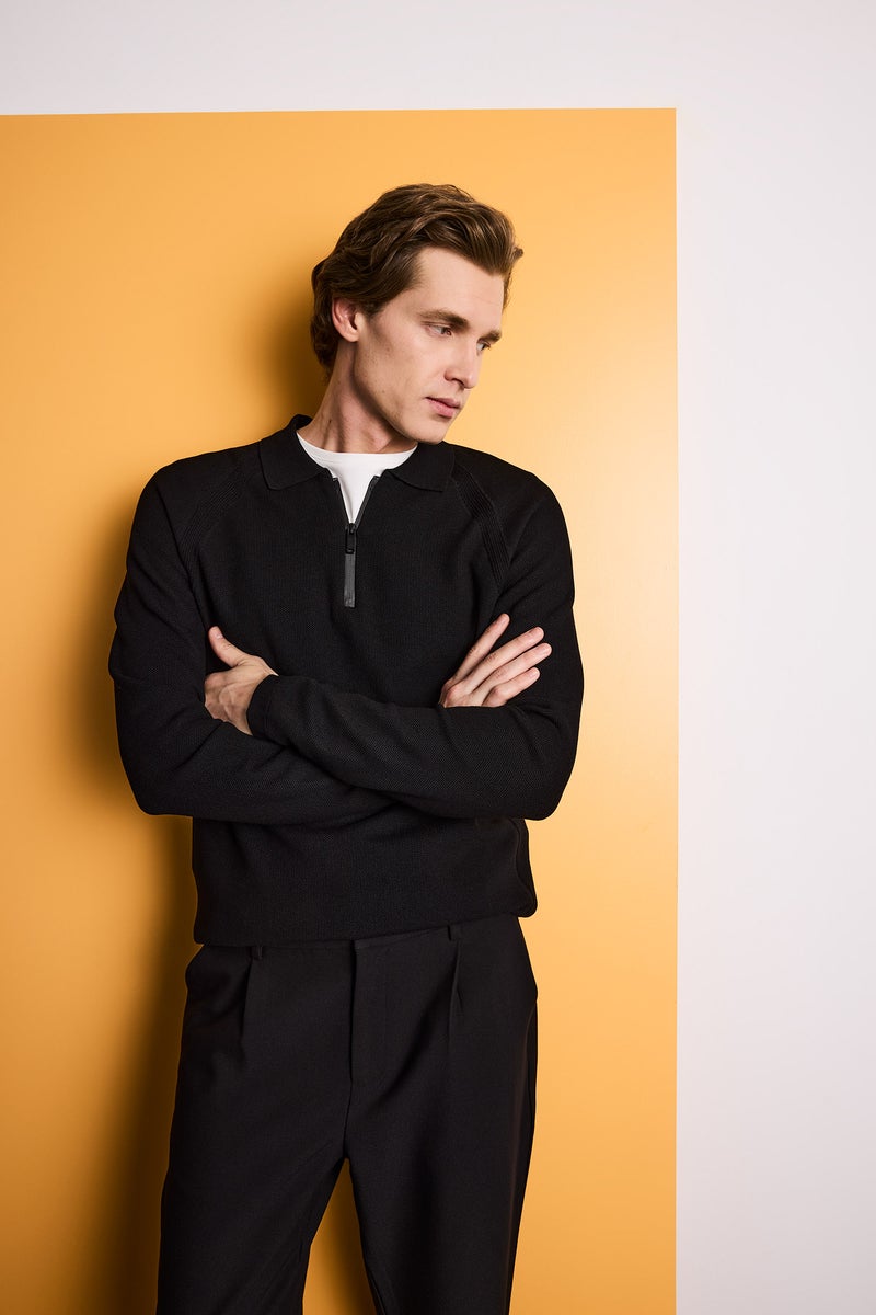 DeFacto Black Man Standard Fit Polo Collar Knitwear Pullover Casual - Image 1